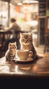 喝咖啡的猫爸爸和小猫图片