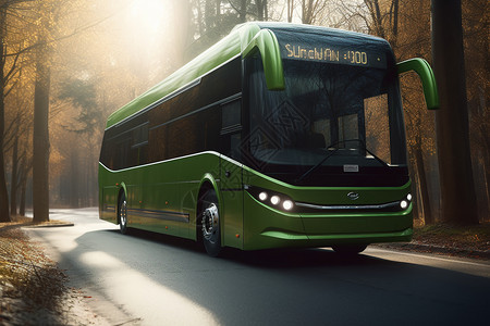 山路上行驶的绿色电动公交车图片