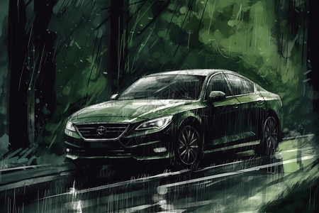 雨中山路行驶的汽车插画图片