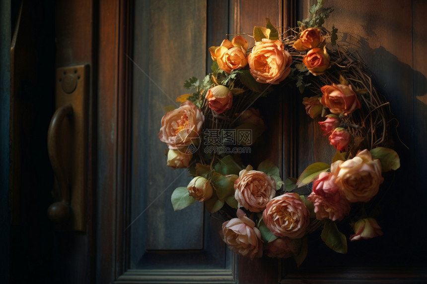 乡村木门上的玫瑰花环图片