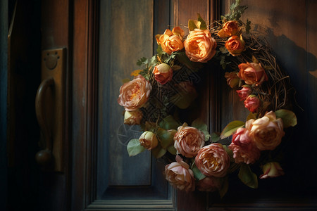 乡村木门上的玫瑰花环背景图片