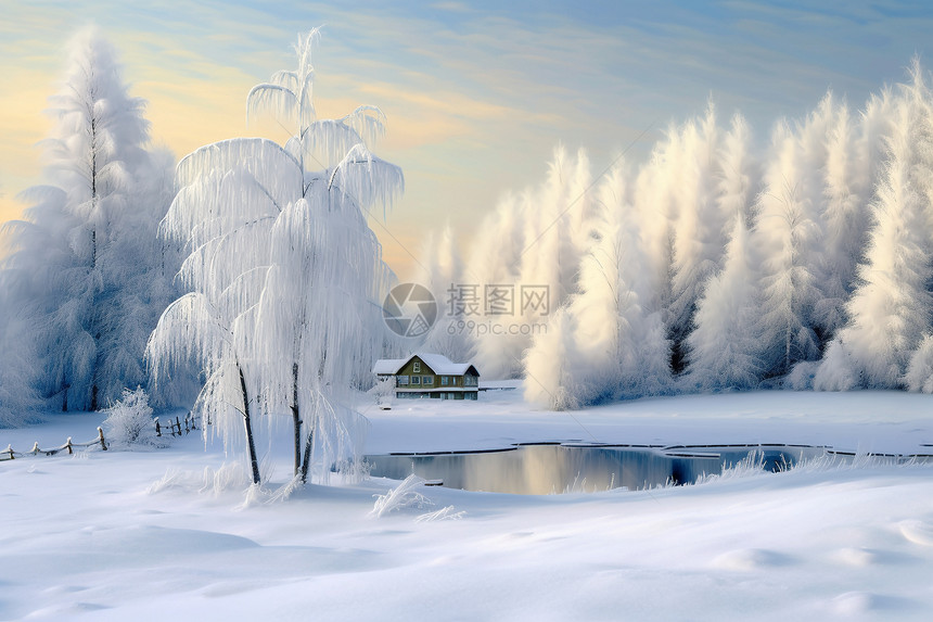 冬日的湖边景象图片
