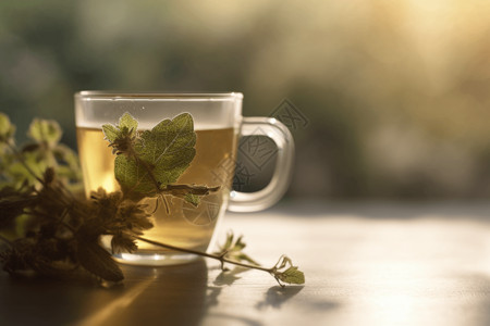 冲泡红茶透明杯子里的草药设计图片