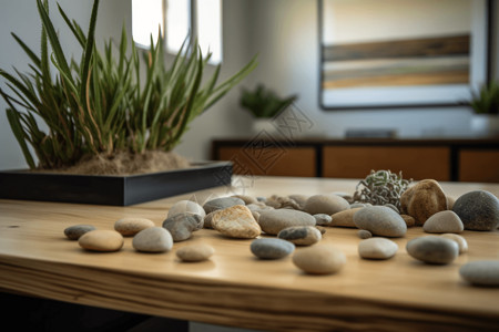办公桌上的盆栽办公桌上的石头绿植设计图片