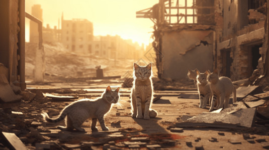 废墟中流离失所的流浪猫高清图片
