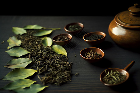 桌面上的绿茶和茶具高清图片