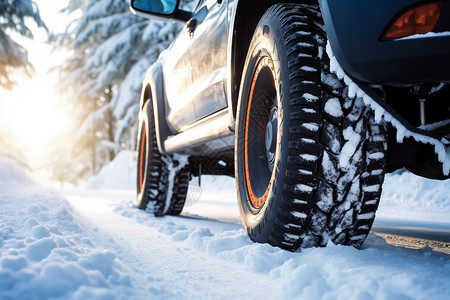 冬季轮胎雪地中行驶的汽车背景