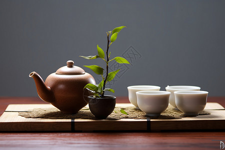 优雅功夫茶桌子上的茶具背景