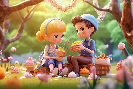 惊喜令人愉快的两个可爱的小孩在树下野餐插画