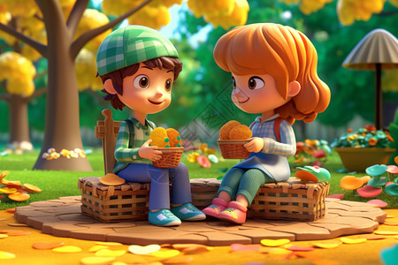 两个可爱的卡通人物在树下野餐高清图片