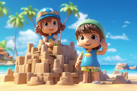 海滩沙雕一个男孩和一个女孩在海滩上建造一座沙堡插画