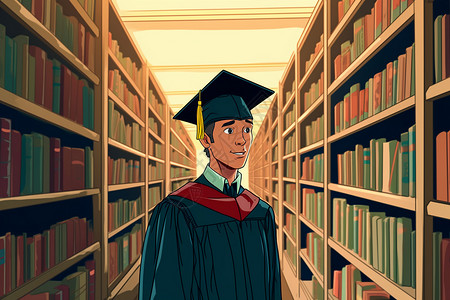 卡通毕业生图书馆看书背景图片