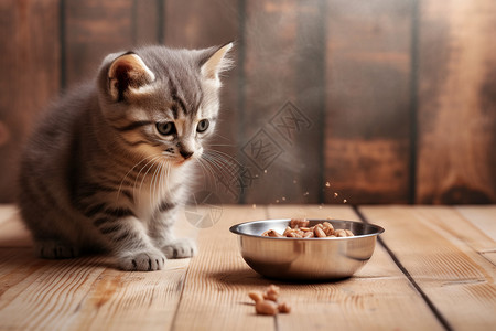 地板上的小猫和猫粮图片