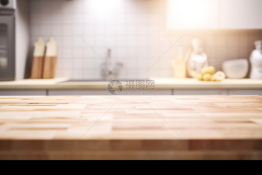 原木台面上模糊的厨房电商背景图片