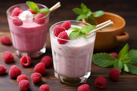 一杯粉色树莓酸奶图片