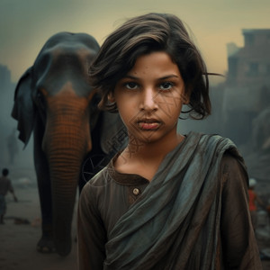 印度男孩和大象高清图片