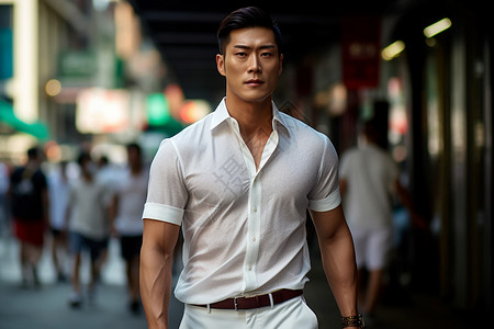 城市街道上身穿短袖衬衫的男人图片