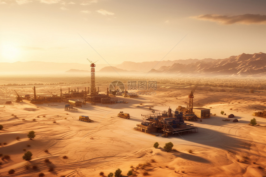 日出时沙漠油田的全景图片