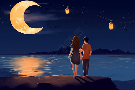 夏天夜晚情侣散步的插画图片