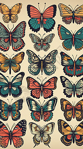 各类蝴蝶生物的艺术插图背景图片