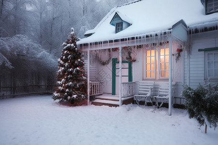 圣诞房屋室外的圣诞树背景