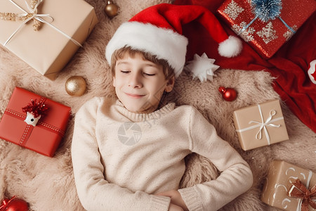 快乐男孩躺在圣诞礼品中背景