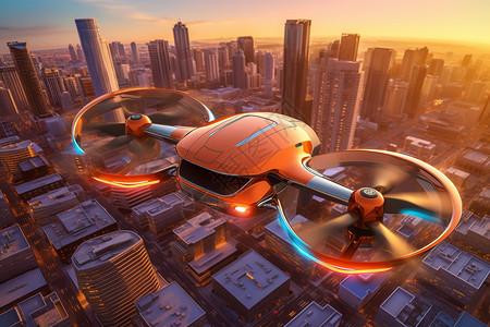 无人机在城市上空飞行背景图片