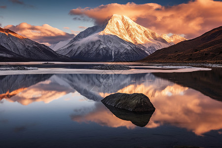 白云湖泊雪山图片