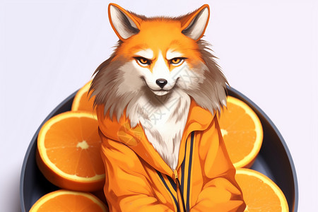 一盘橘子卡通的狐狸插画