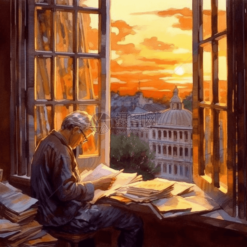 老人在图书馆的窗边看书图片