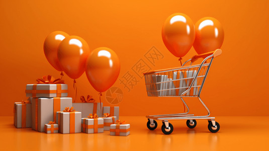 橙色气球橙色购物车和礼品盒设计图片