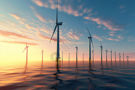 落日时的海上风力涡轮机图片