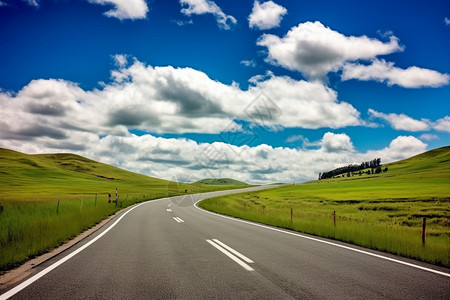 蓝天白云下的草原道路图片