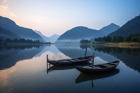 平静湖面的小船图片