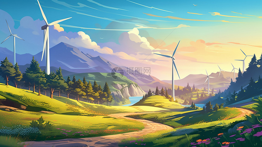 山间的风力涡轮机插图图片