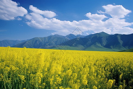 高清绿色田野油菜花，白云，绿色，草原，蓝蓝的天空，山，花，高清背景