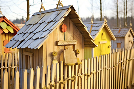 木屋与鸟小屋子外的栅栏设计图片