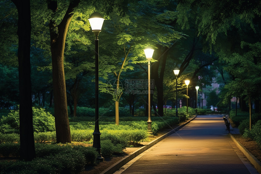 夏季夜晚路边的灯柱图片