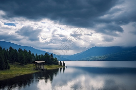 暴风雨前宁静景色幽美的湖泊设计图片