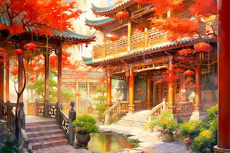 中国庭院的彩色水彩画背景图片