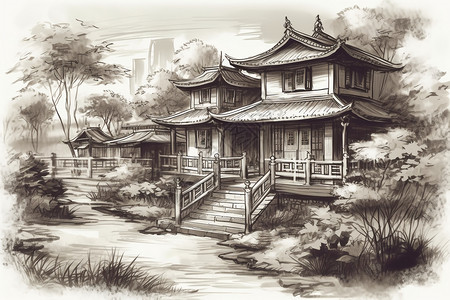中式水墨风木建筑背景图片