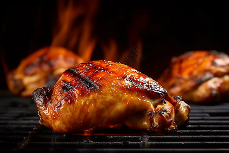 椒麻鸡在火焰烤架上烤鸡大腿背景