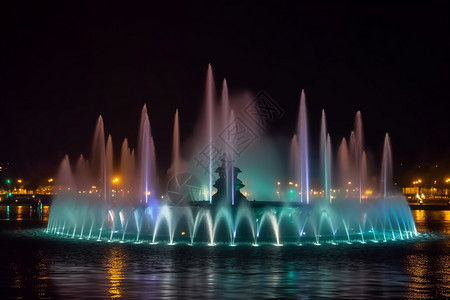 彩灯背景夜间的音乐喷泉设计图片