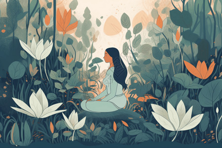 心灵导师坐在花园里冥想插画