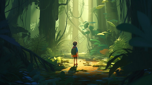 森林中有一个小孩子背景图片