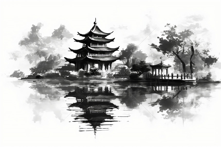 中式建筑风景插画图片