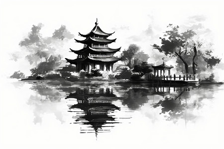 中式建筑风景插画背景图片