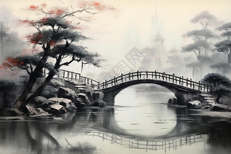 水墨中式桥梁建筑背景图片