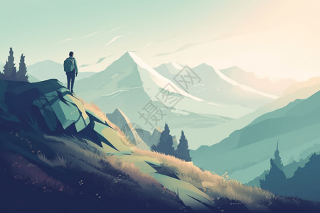 大高加索山脉大山中的徒步旅行者插画