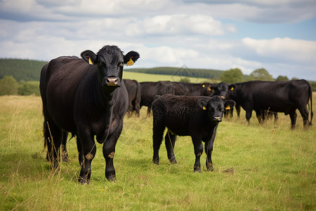 一群黑牛黑牛在吃草背景